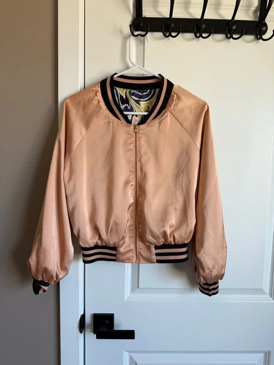 Boutique Pink Marble Print Bomber Jacket with Navy Trim - Picture 2 of 2